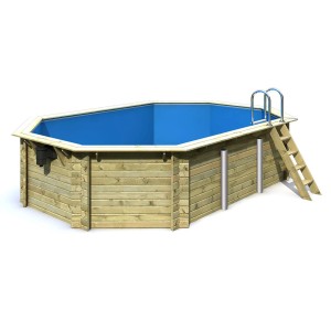 Karibu Holzpool Set mit Leiter und Filteranlage. Kesseldruckimprägniertes Holz und blaue Innenfolie.