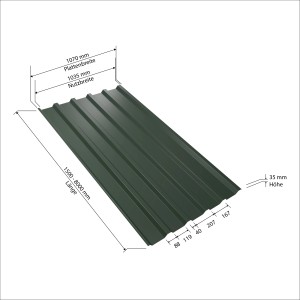 Weckman Trapezblech W35, Stahl, nadelgrün, 1070x1600 mm. Dachblech mit Profil und Maßangaben.