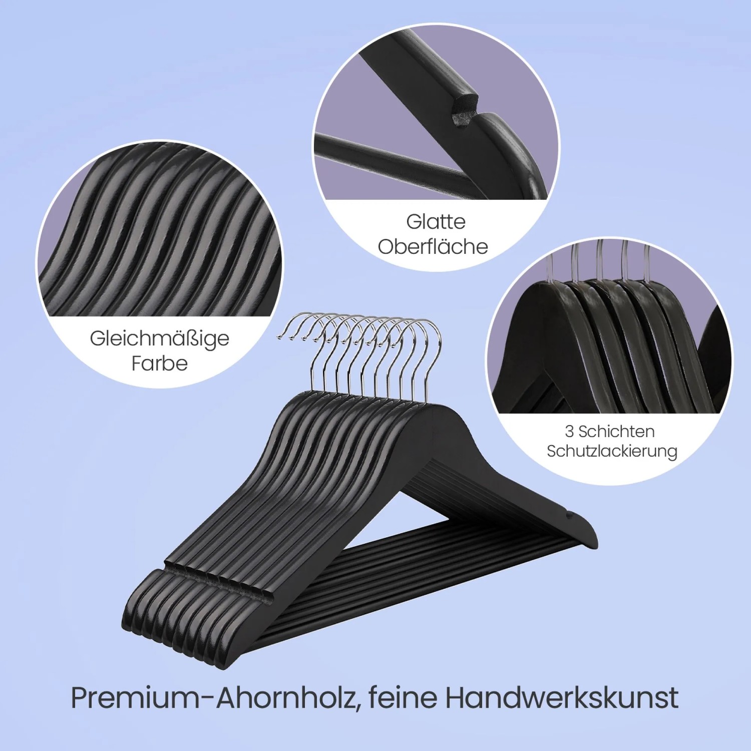 Songmics Kleiderbügel-Set Cason, 10 Holz-Kleiderbügel, schwarz, mit drehbarem Haken und Hosensteg.