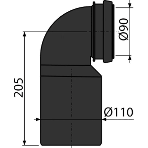 Alcadrain M906 Ablaufbogen DN90/110 für Wand-WC-Anschluss, Detailzeichnung mit Maßen.