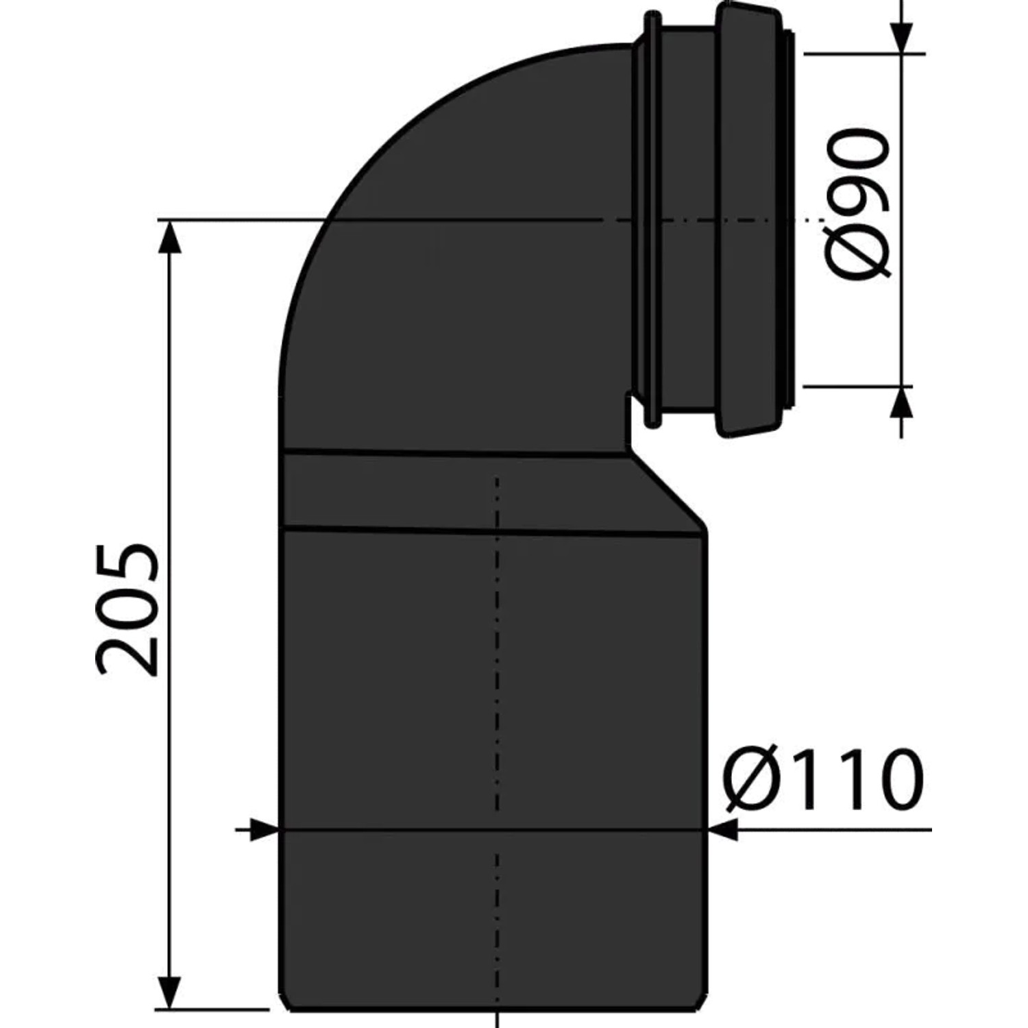 Alcadrain M906 Ablaufbogen DN90/110 für Wand-WC-Anschluss, Detailzeichnung mit Maßen.