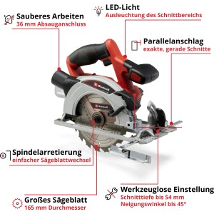 Einhell Akku-Handkreissäge TE-CS 18/165-1 Li Solo, rot/silber, mit großem Sägeblatt. Handliche Säge für Heimwerker.