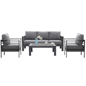 Graues MeXo Gartenmöbel Set: Loungeset mit Sofa, Sesseln und Tisch für 5 Personen.
