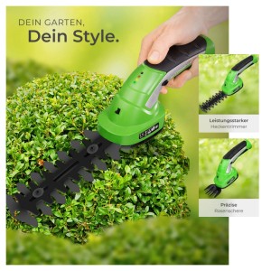 Grüne Tectake Akku-Heckenschere trimmt Busch. Inkl. 2 Aufsätze für Hecken & Rasen. 7,2V Elektro-Gartengerät.