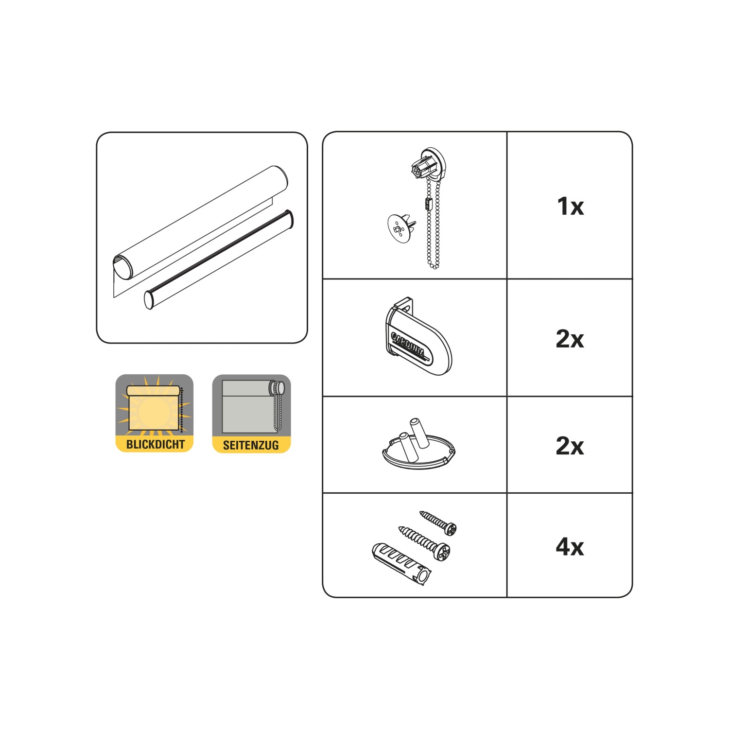 Gardinia Seitenzug-Rollo Uni Trend Zubehör und Montage-Details.