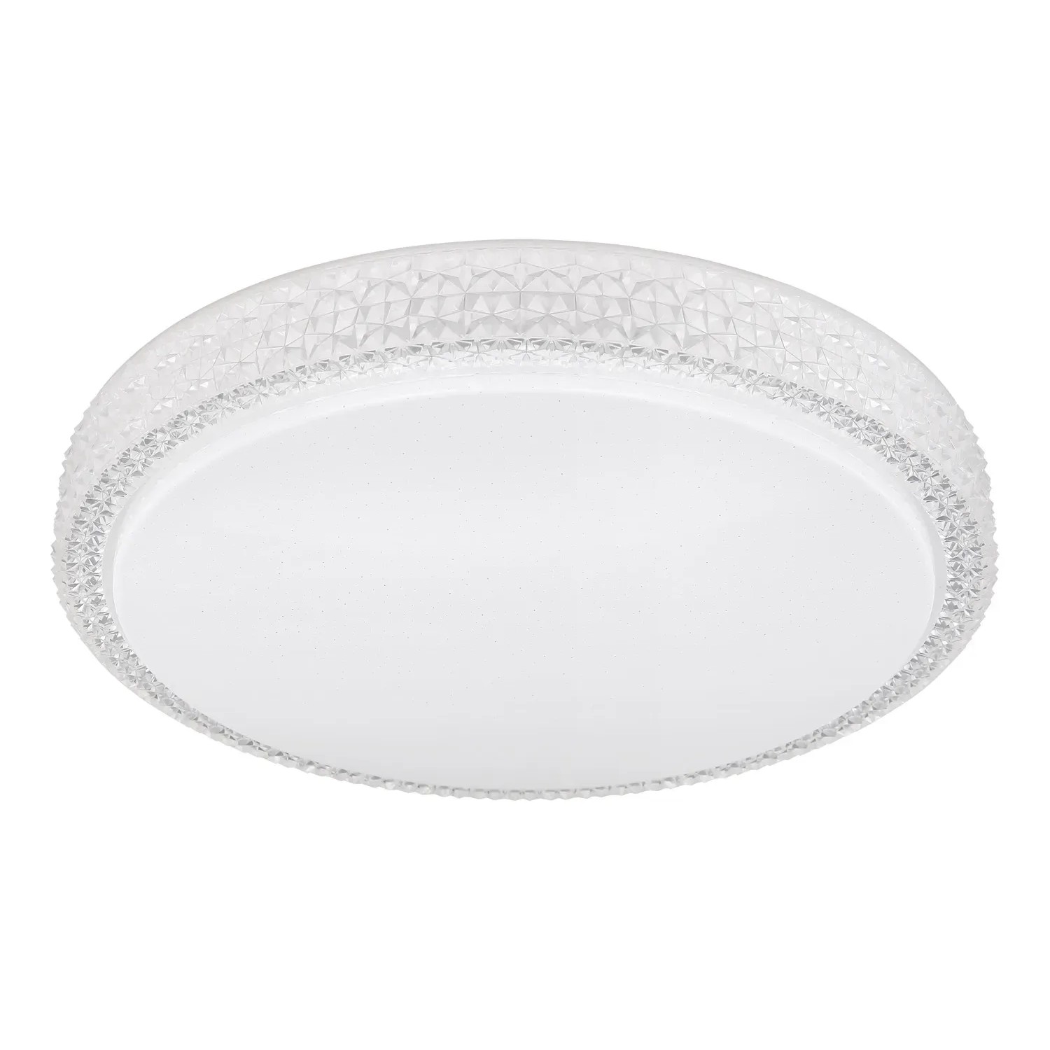 Weiße LED-Deckenleuchte Ovi, Ø 40 cm, mit Acryl Opal Sparkle und Kunststoffkristallen.