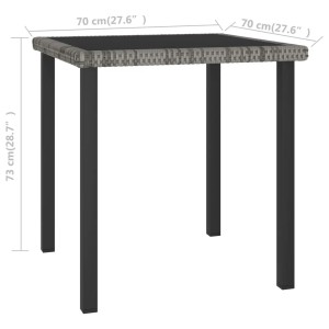 Grauer Garten-Esstisch 70x70 cm aus Polyrattan mit Glasplatte.