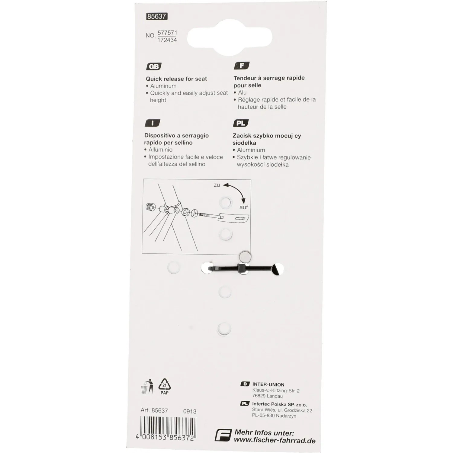 Fischer Sattel-Schnellspanner aus Aluminium zur schnellen Sattelhöhenverstellung am Fahrrad.