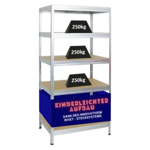 Verzinktes PROREGAL Schwerlastregal mit 5 Böden, belastbar mit je 250 kg, einfaches Stecksystem.