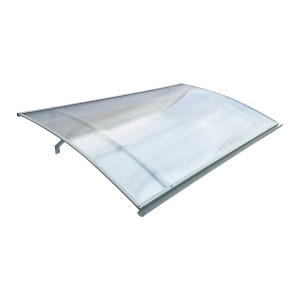 Gebogenes STARKEDACH Vordach L-160 mit Aluminiumrahmen (RAL 7035) und Polycarbonatbeschichtung.