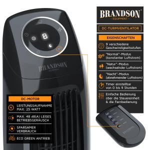 Brandson Turmventilator Silent Eco Green mit Fernbedienung. Leiser Ventilator in Schwarz.