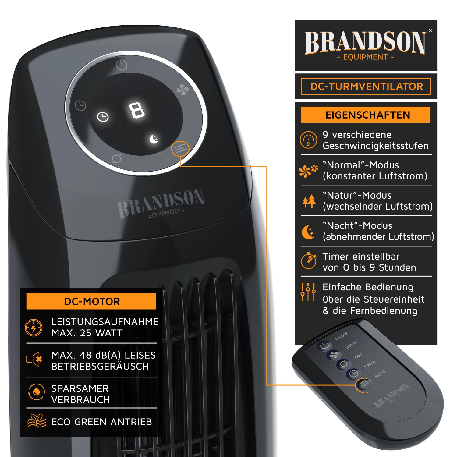 Brandson Turmventilator Silent Eco Green mit Fernbedienung. Leiser Ventilator in Schwarz.