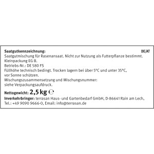 Informationen zum Universal Rasen 2,5 kg: Saatgutmischung, Anwendungs- und Lagerhinweise.