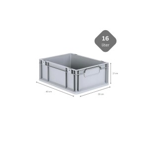 Graue PROREGAL Eurobox Nextgen Economy, 16 Liter, mit Maßangaben. Aufbewahrungsbox für Industrie und Gewerbe.