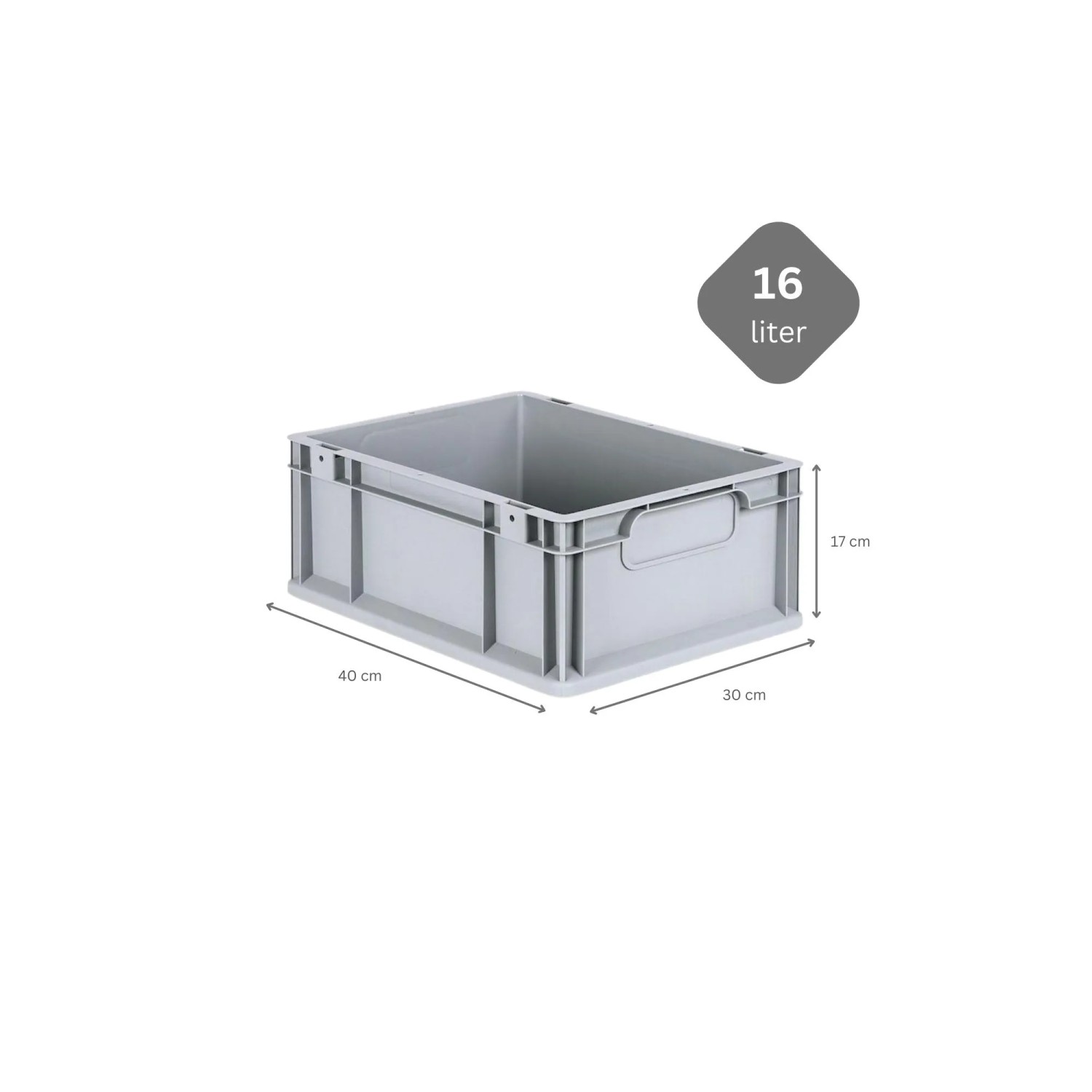 Graue PROREGAL Eurobox Nextgen Economy, 16 Liter, mit Maßangaben. Aufbewahrungsbox für Industrie und Gewerbe.