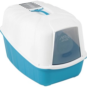 Blaue und weiße Katzentoilette Komoda mit Haube und Tragegriff, 40x54x39 cm.