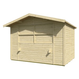 Weka Verkaufsstand Mori, 5 m², naturbelassen, mit Satteldach und Verkaufsluke.