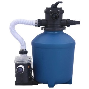 Blaue Sandfilteranlage mit schwarzer Pumpe und Zeitschaltuhr für Pool Filtermedien. Robustes Kunststoffgehäuse.