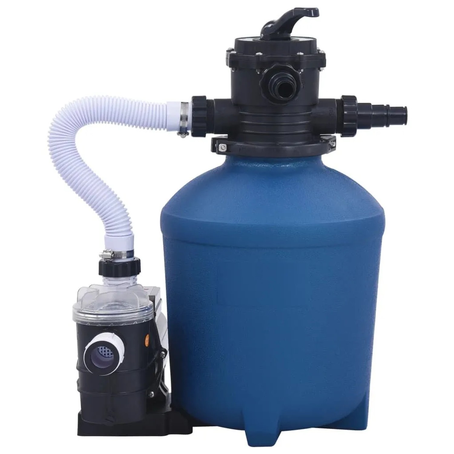 Blaue Sandfilteranlage mit schwarzer Pumpe und Zeitschaltuhr für Pool Filtermedien. Robustes Kunststoffgehäuse.
