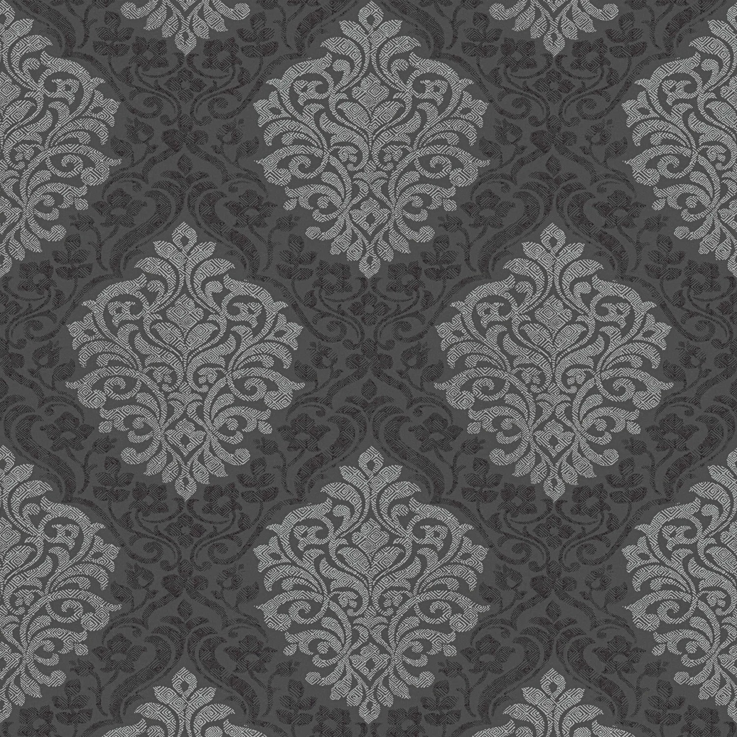 Tadessi Vliestapete Jacopo mit Barock Ornament in Silber und Schwarz.