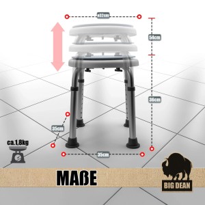 Höhenverstellbarer, drehbarer BigDean Duschhocker mit Maßen und Details für Badhelfer.