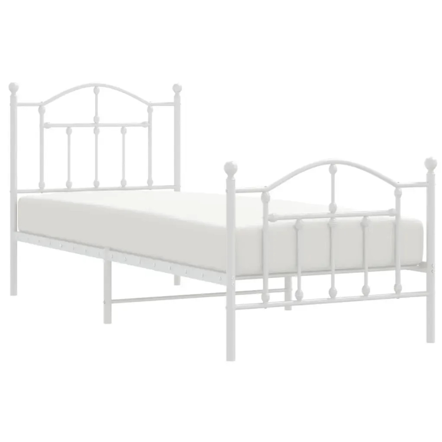 Weißes Metallbettgestell (80x200 cm) mit Kopf- und Fußteil. Bett für Schlafzimmer oder Gästezimmer.