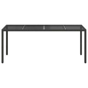 Schwarzer vidaXL Garten-Esstisch aus Poly Rattan, 190x90x75 cm, mit Glasplatte.