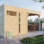 Bertilo Holz-Gartenhaus Cubus 2 Lounge: Gartenhaus mit überdachter Terrasse und Sitzgruppe.