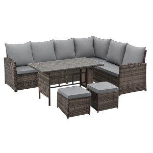 Braunes Svita Monroe Garten-Lounge Set aus Polyrattan mit Tisch, Ecksofa und Hockern.