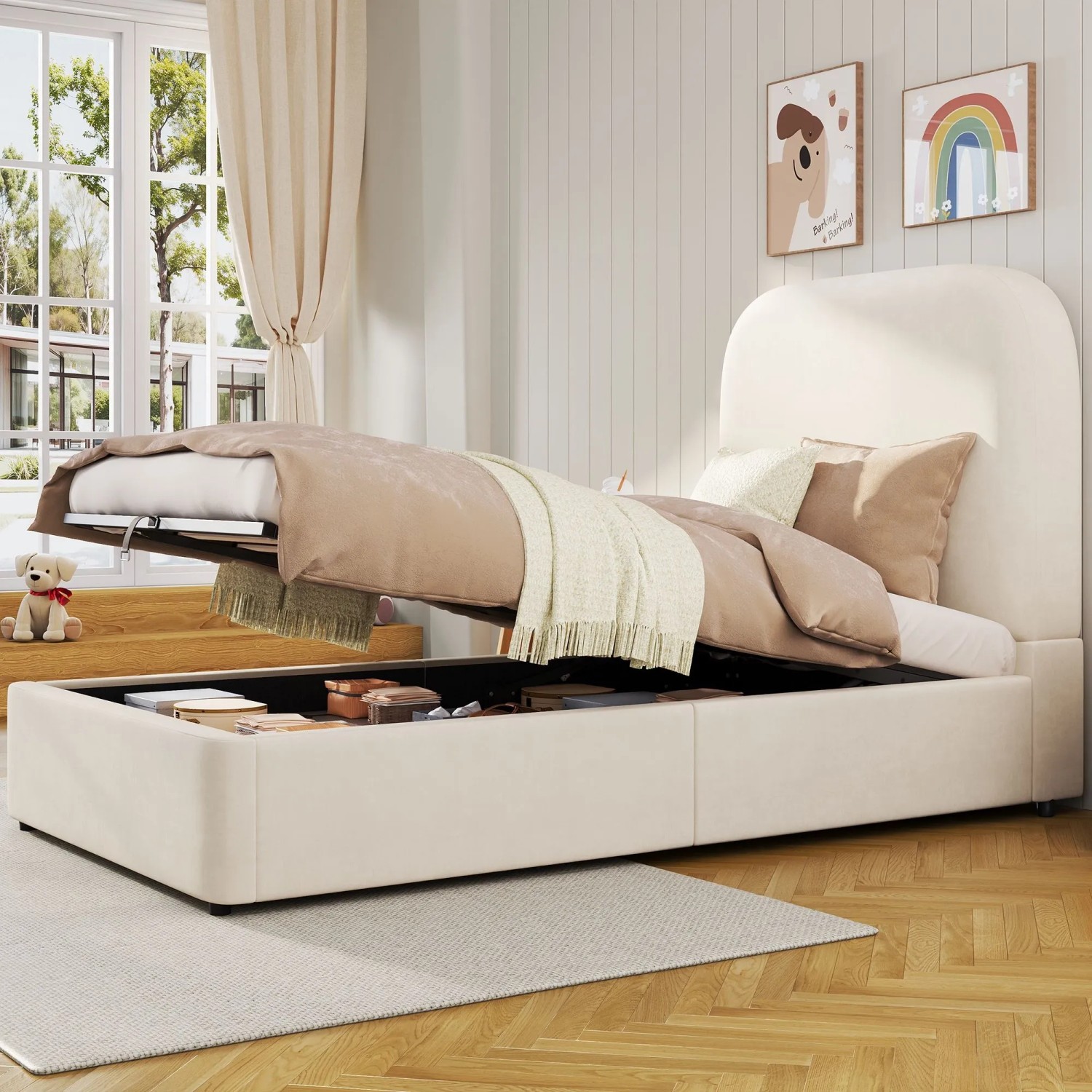 Merax Kinder Polsterbett 90 x 200 cm mit Stauraum Lattenrost Samt Beige