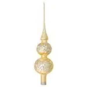 Goldene Glas-Christbaumspitze mit zwei glitzernden Kugeln und spitzem Abschluss. Handdekoriert.