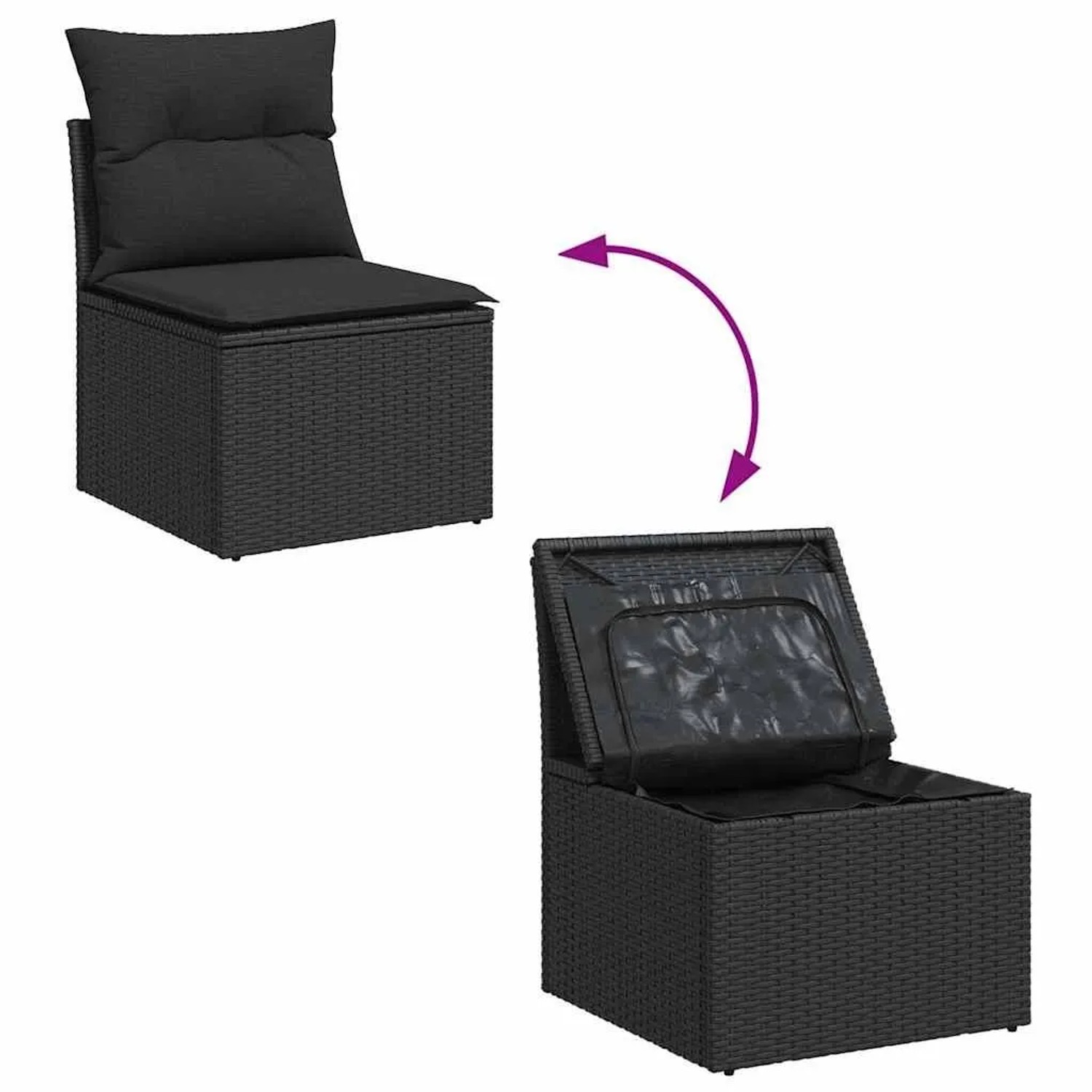 Schwarzes vidaXL Gartenmöbel-Set aus Polyrattan mit Stauraum und Kissen, 6-teilig.