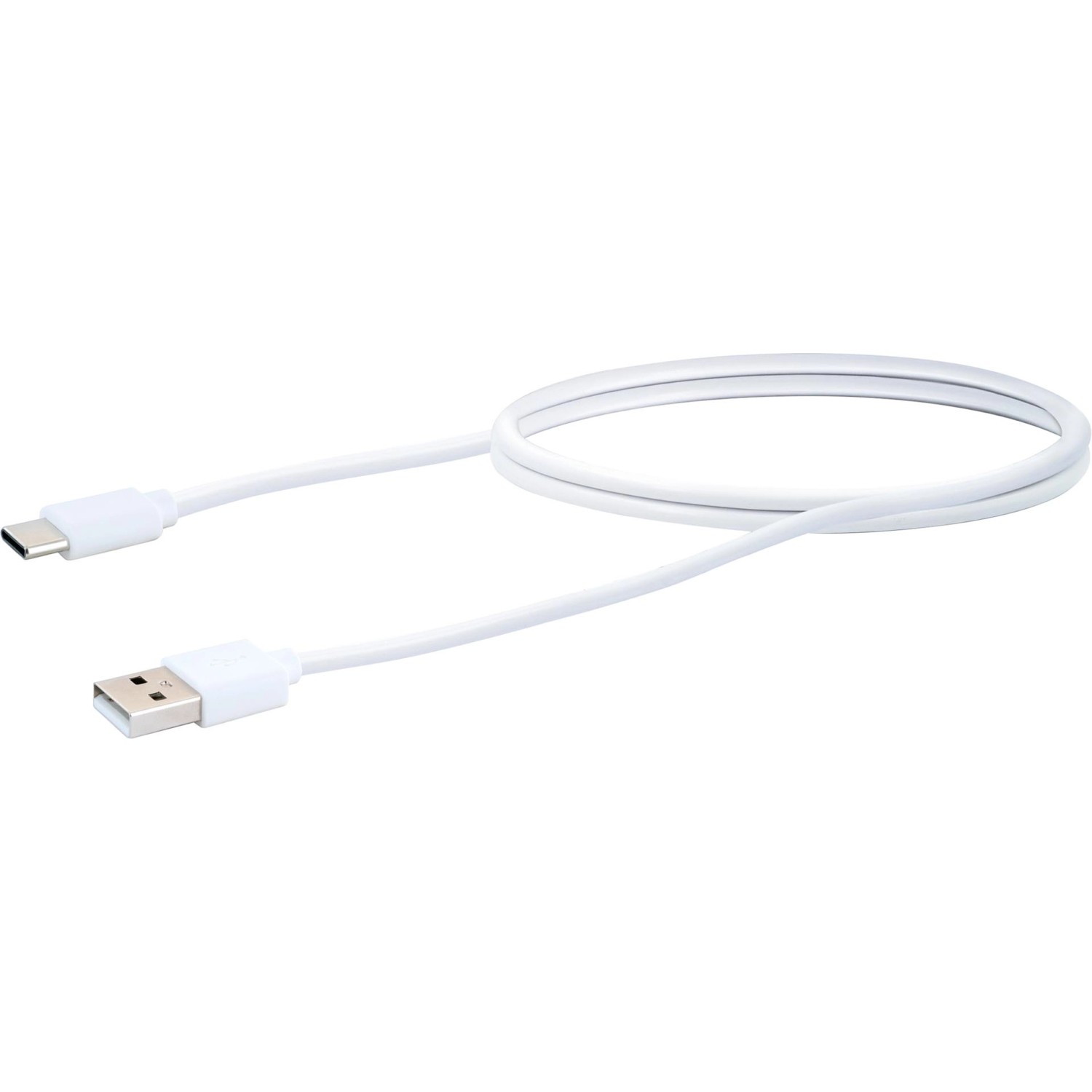 Weißes USB-Kabel (USB-A auf USB-C) für Schwaiger Qi Ladestation.