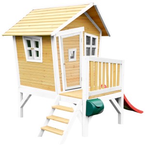 Axi Robin Spielhaus aus Holz, braun-weiß mit roter Rutsche, Leiter und Veranda.