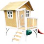 Axi Robin Spielhaus aus Holz, braun-weiß mit roter Rutsche, Leiter und Veranda.
