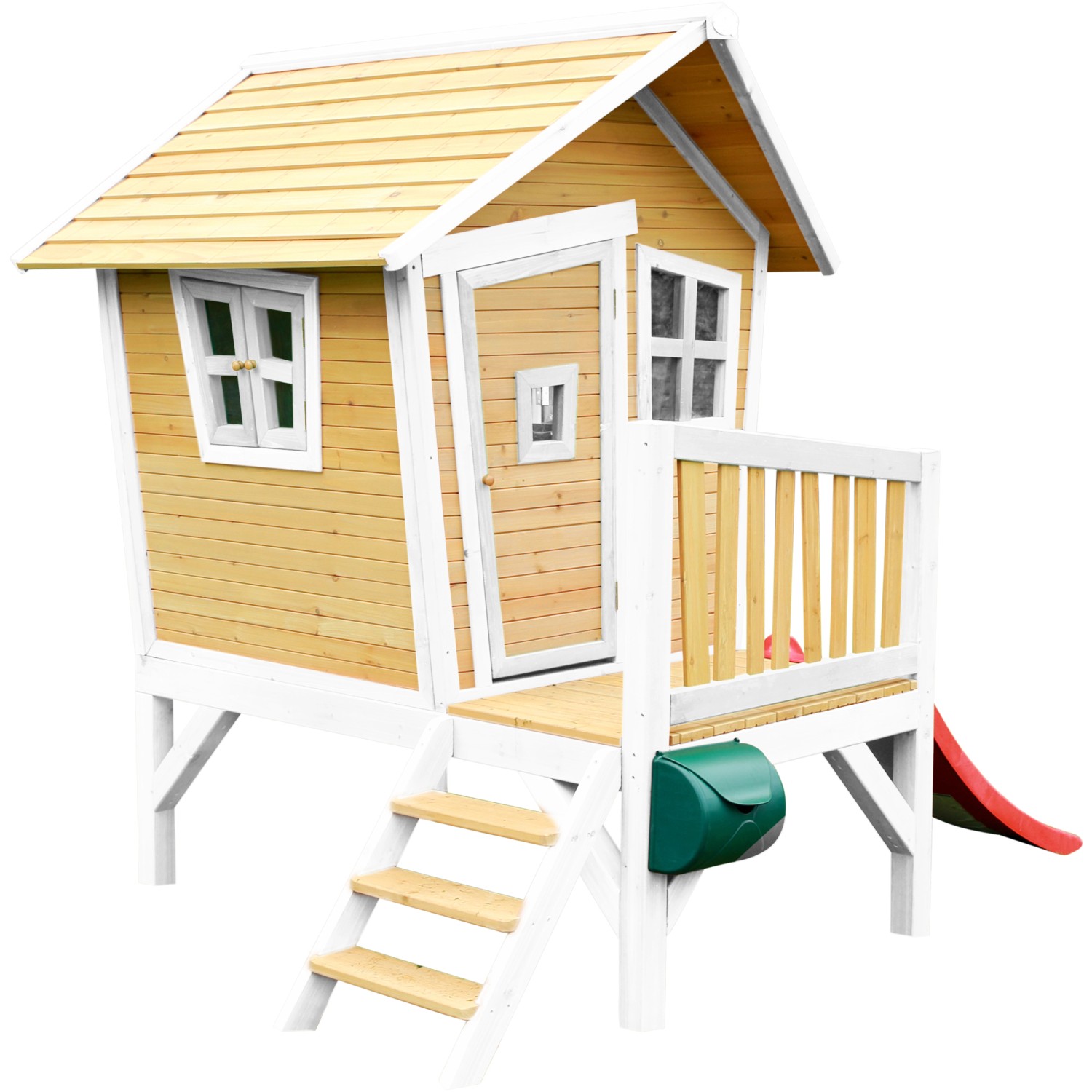 Axi Robin Spielhaus aus Holz, braun-weiß mit roter Rutsche, Leiter und Veranda.