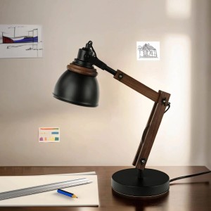 EASYLIGHT Schreibtischlampe Metall Holz 52 cm Hoch Verstellbar E14 Retro In Schwarz Natur