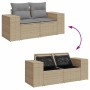 Beige 7-tlg. Garten-Sofagarnitur aus Rattan mit Kissen und Stauraum unter den Sitzen.