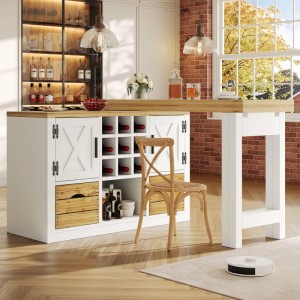 Merax Ausziehbarer Kücheninsel-Esstisch mit Sideboard  360° Tischplatte  Stauraum  Weiß