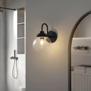 Lucande Wandleuchte Wandlampe Bad Badolo 10020358 Spritzwassergeschützt in Schwarz aus Metall 1-flammig E14 Badezimmerleuchte