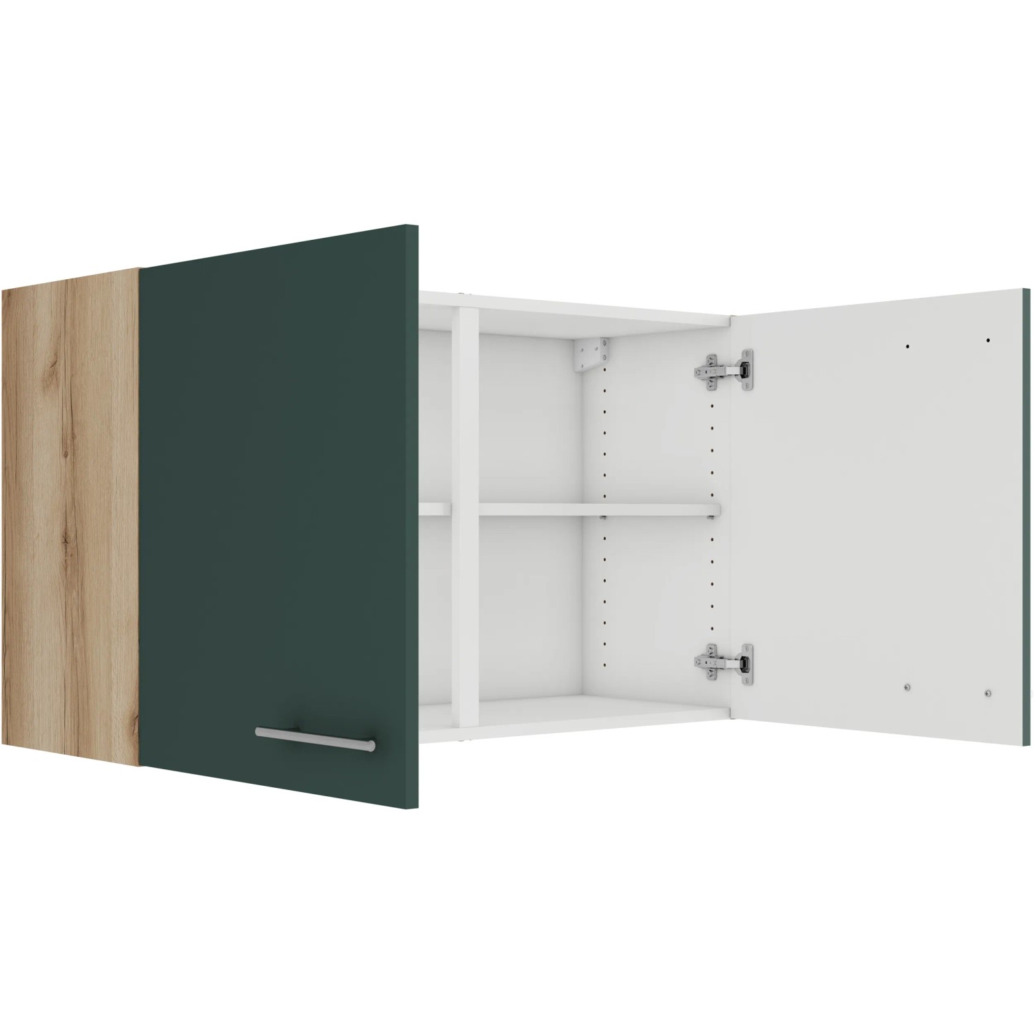 OPTIFIT Savona405 Küchen-Hängeschrank 100 cm, steingrün/Wildeiche, mit zwei Türen geöffnet.