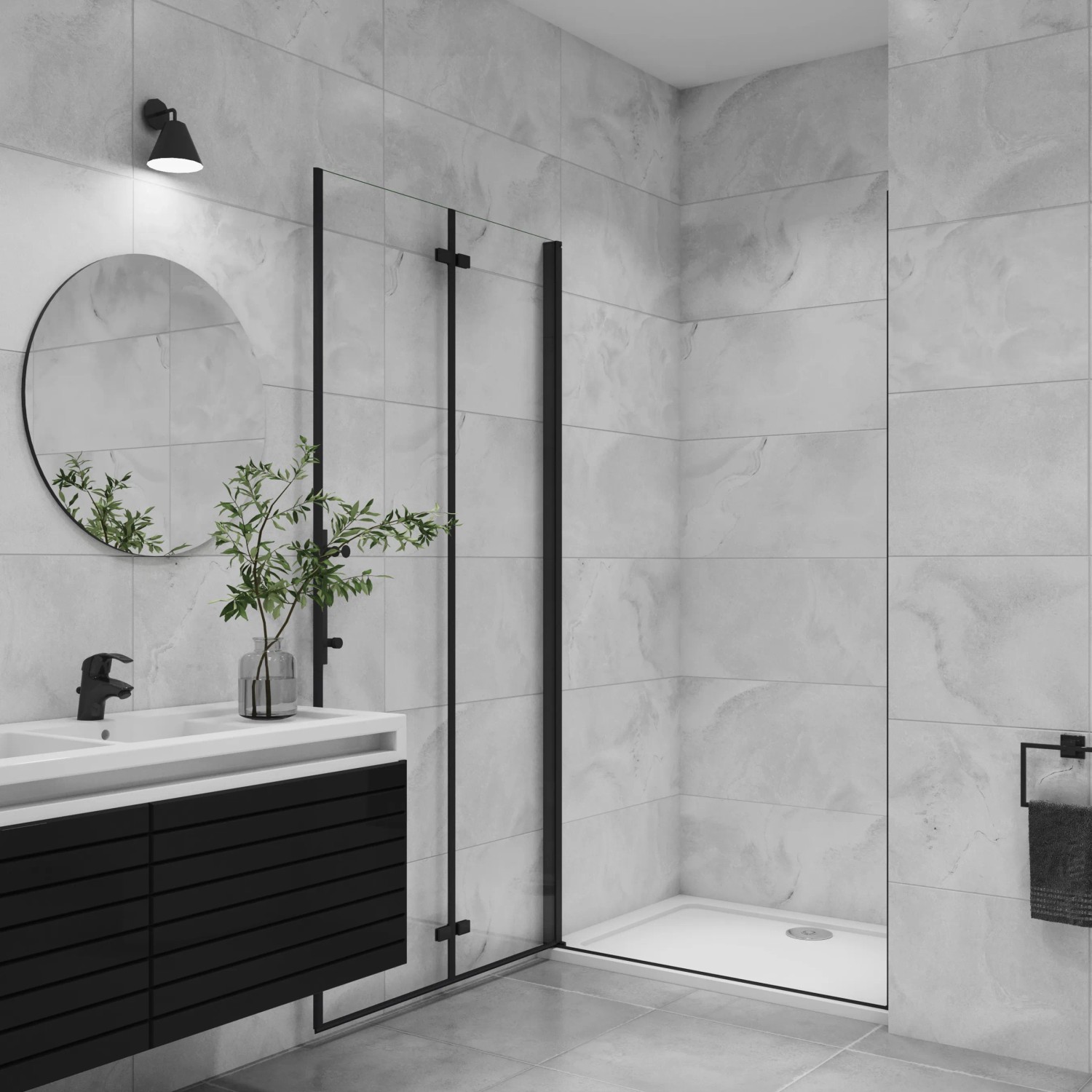 Schwarze AICA Falttür Dusche 95x195cm mit ESG Glas in Badezimmer-Szene.