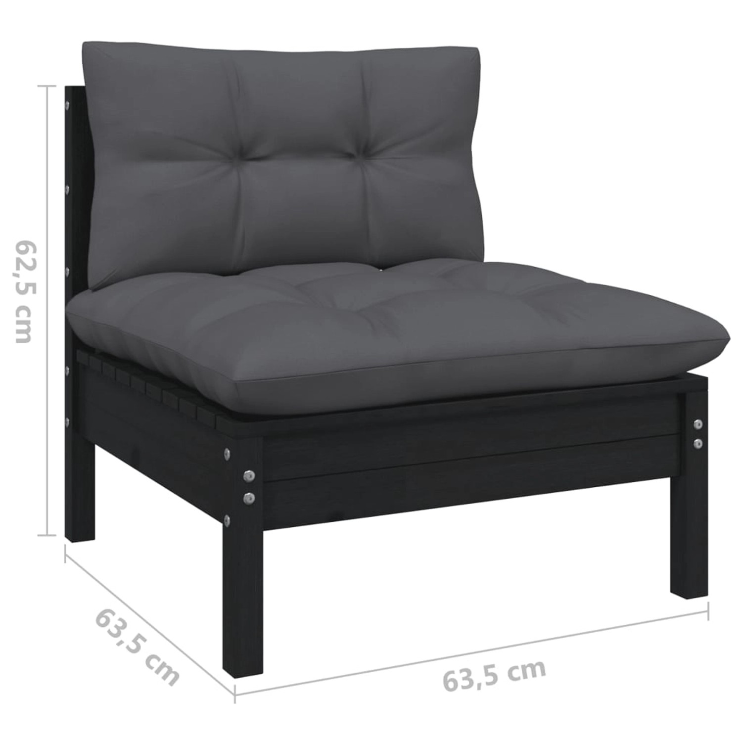 vidaXL Garten-Lounge-Set, 5-teilig, mit Kissen, Schwarz, Kiefernholz. Einzelner Sessel mit anthrazitfarbenen Kissen.