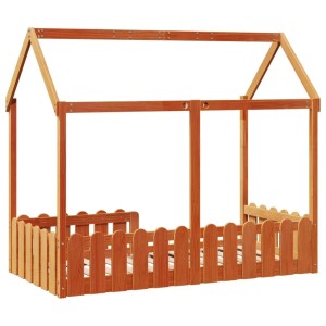 Wachsbraunes Kinderbett Hausbett (80x160 cm) aus Kiefernholz mit Lattenrost.