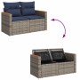 Graue vidaXL Garten-Sofagarnitur aus Rattan mit blauen Kissen und Stauraum.