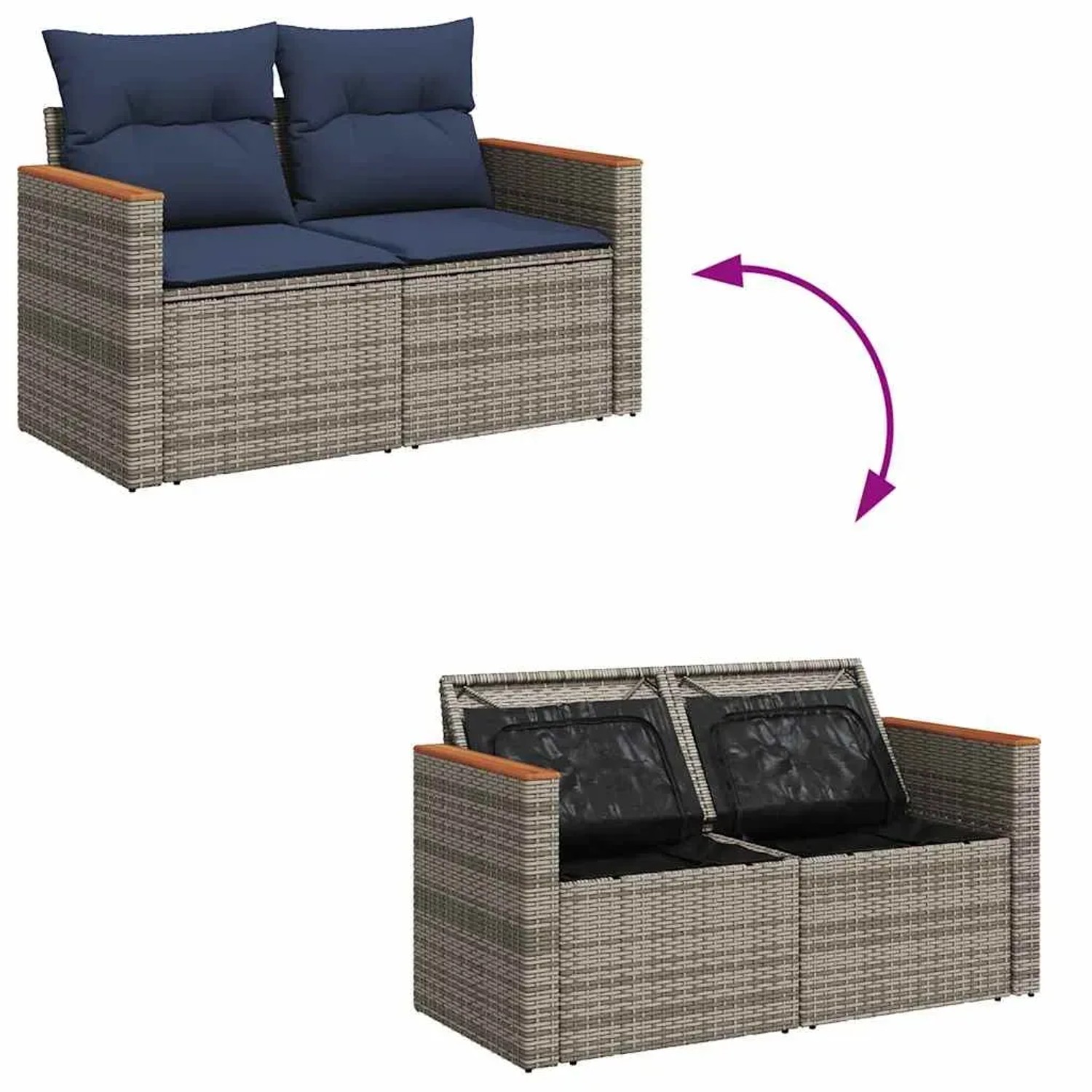 Graue vidaXL Garten-Sofagarnitur aus Rattan mit blauen Kissen und Stauraum.