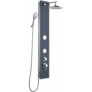 Schütte Glas-Duschpaneel in Anthrazit mit Kopf-, Handbrause und Massagedüsen.