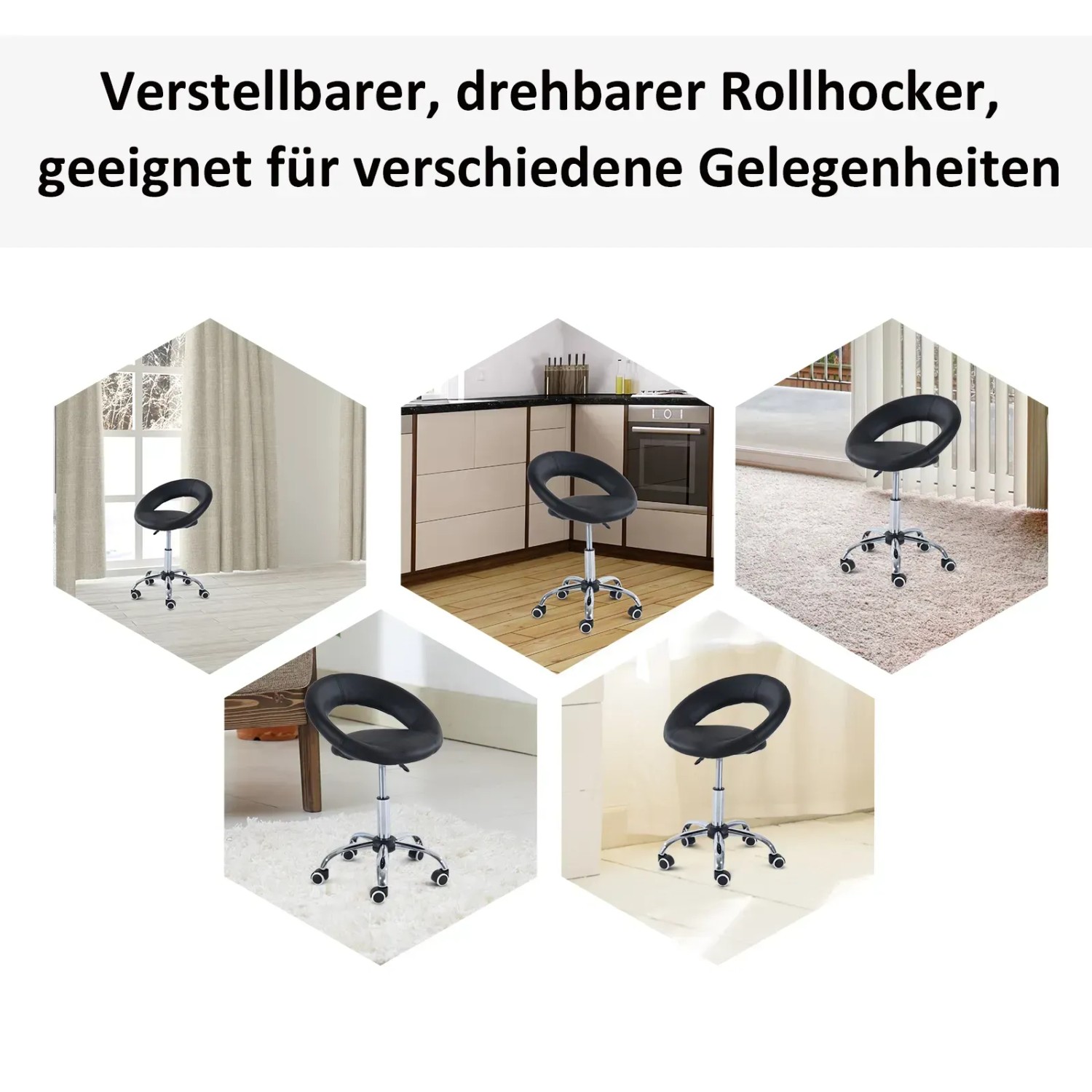 HOMCOM Bürostuhl, höhenverstellbar, mit Rollen, in verschiedenen Umgebungen dargestellt.