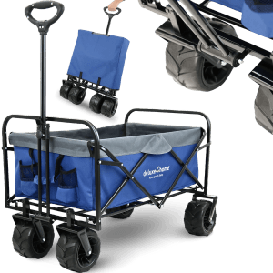 deluxe4home Bollerwagen blau-grau mit breiten Reifen, faltbar für Camping & Freizeit.
