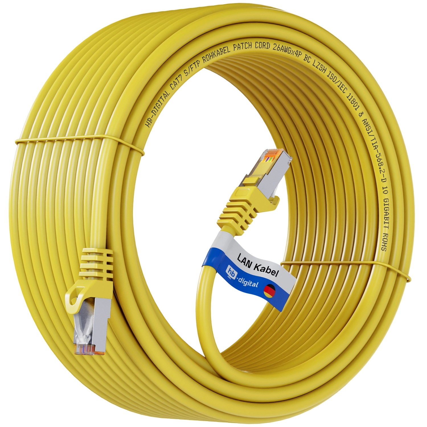 hb-digital 50m Patchkabel CAT 7 Rohkabel RJ45 S/FTP PiMF LSZH AWG 26 Halogenfrei Gelb
